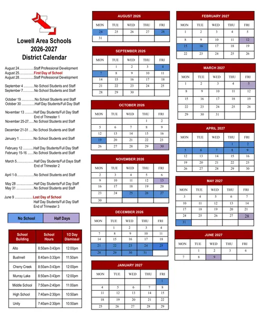 Lowell Area Schools 2026–2027 Academic Calendar