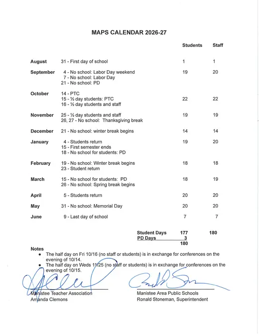 Manistee Area Public Schools 2026–2027 Academic Calendar Page 1