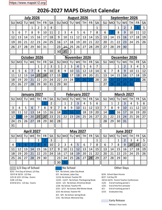 Maps District 2026–2027 Academic Calendar Page 1