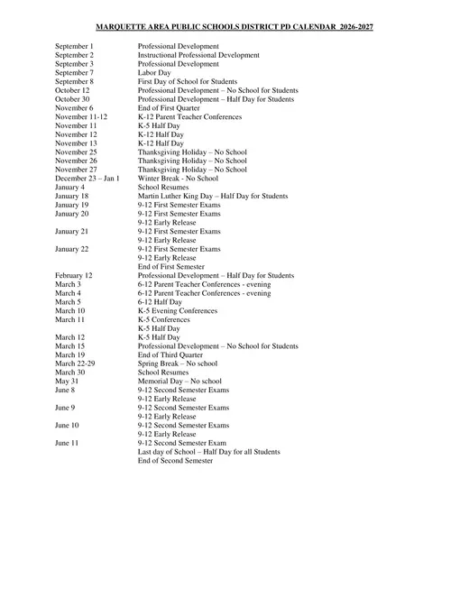 Marquette Area Public Schools 2026–2027 Academic Calendar Page 1