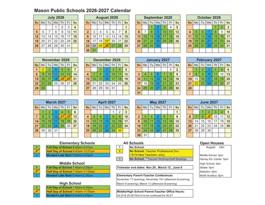 Mason Public Schools 2026–2027 Academic Calendar