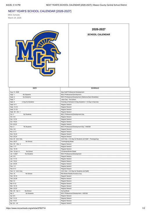 MCC Schools 2026–2027 Academic Calendar Page 1