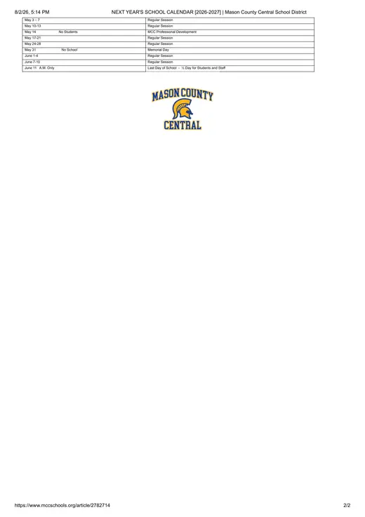 MCC Schools 2026–2027 Academic Calendar Page 2