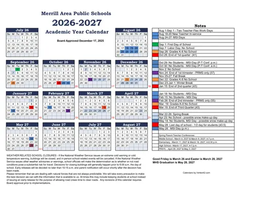 Merrill Area Public Schools 2026–2027 Academic Calendar Page 1
