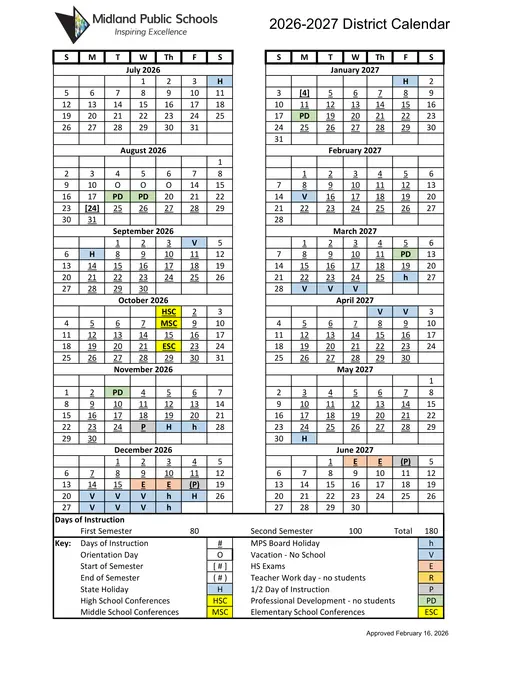 Midland Public Schools 2026–2027 Academic Calendar Page 1