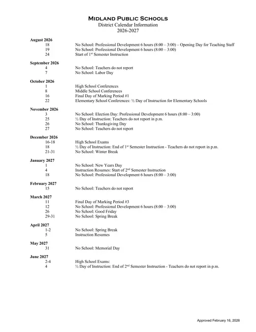 Midland Public Schools 2026–2027 Academic Calendar Page 2
