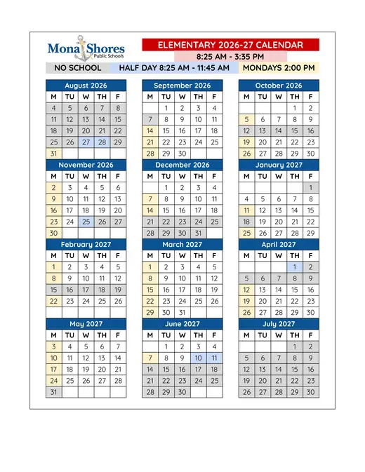 Mona Shores Public Schools 2026–2027 Academic Calendar