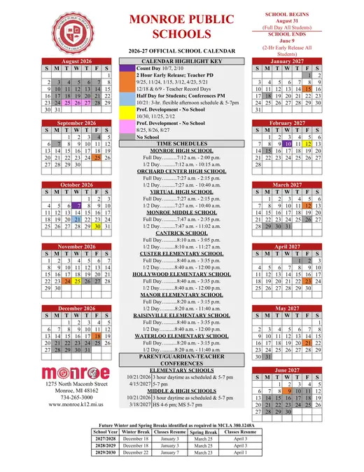 Monroe Public Schools 2026–2027 Academic Calendar Page 1