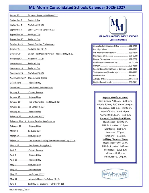 Mt. Morris Consolidated Schools 2026–2027 Academic Calendar Page 1