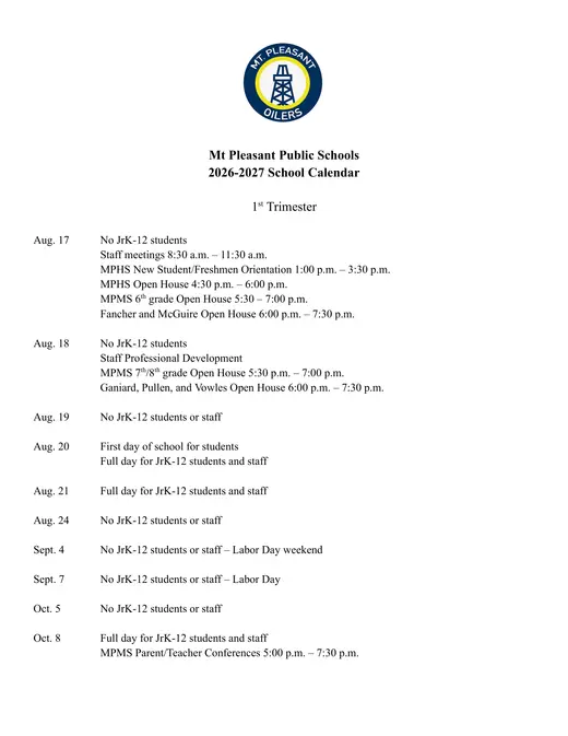 Mt. Pleasant Public Schools 2026–2027 Academic Calendar Page 1