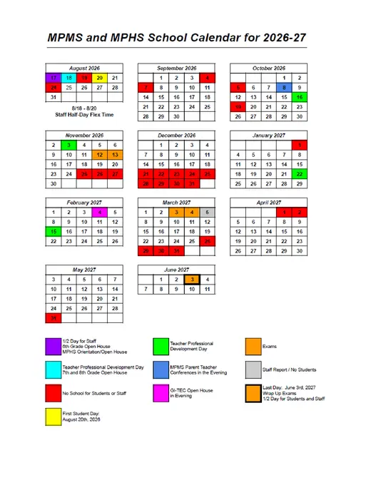 Mt. Pleasant Public Schools 2026–2027 Academic Calendar Page 4