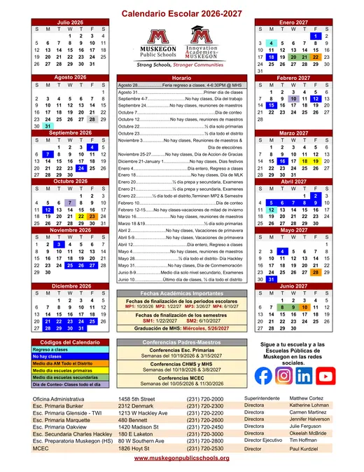 Muskegon Public Schools 2026–2027 Academic Calendar Page 2