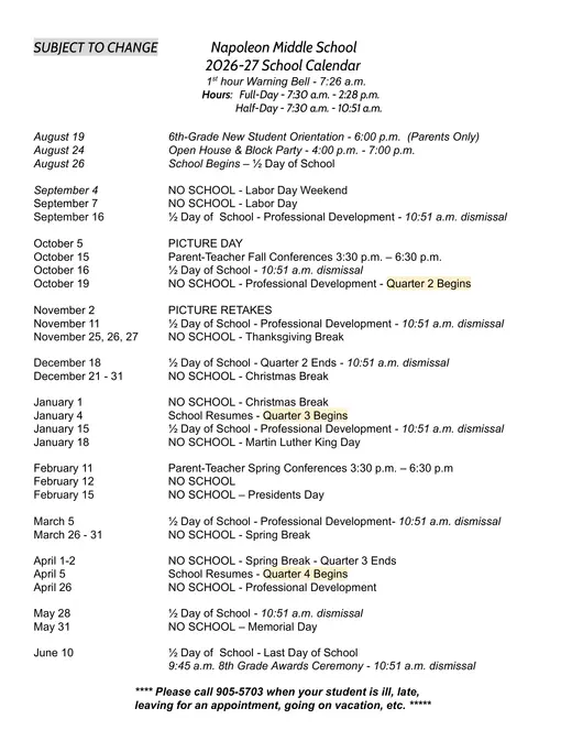 Napoleon Middle School 2026–2027 Academic Calendar Page 1