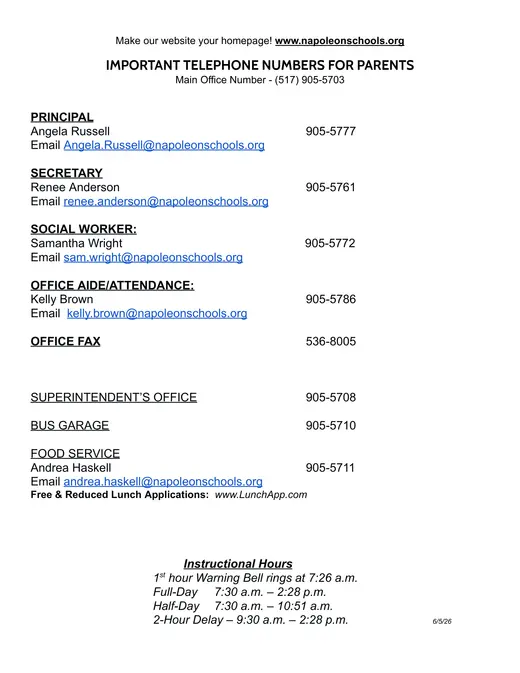 Napoleon Middle School 2026–2027 Academic Calendar Page 2