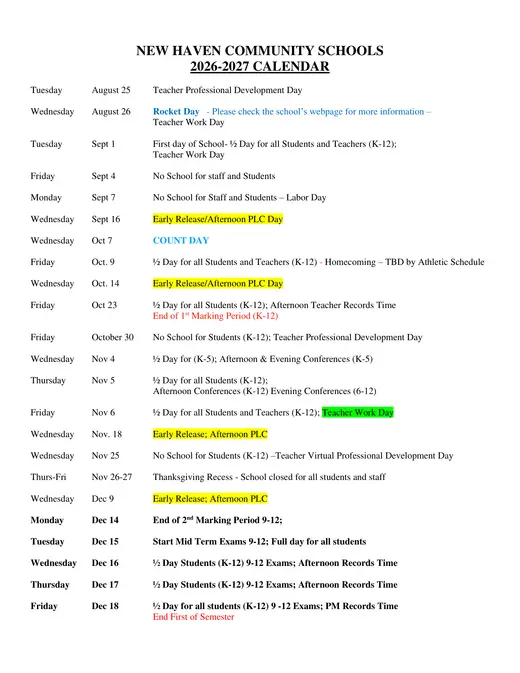 New Haven Community Schools 2026–2027 Academic Calendar Page 1