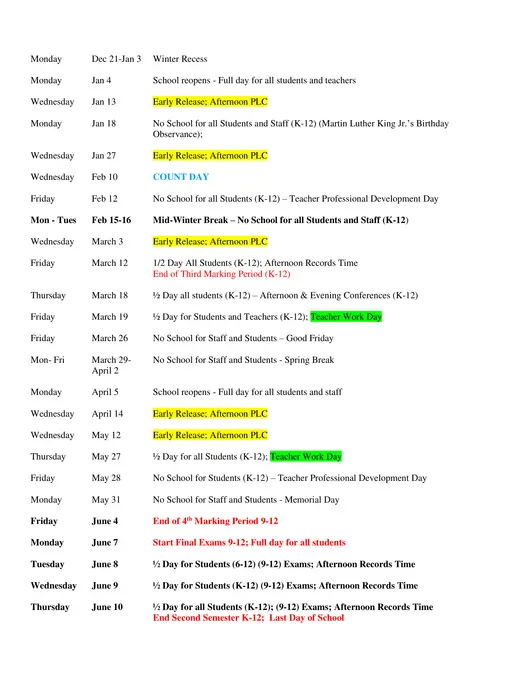New Haven Community Schools 2026–2027 Academic Calendar Page 2