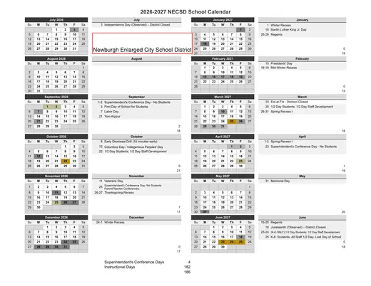 Newburgh Enlarged City School District 2026–2027 Academic Calendar Page 1