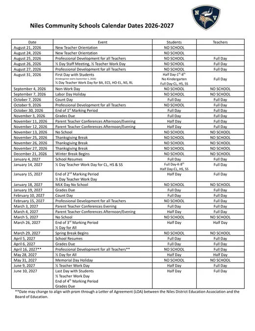 Niles Community Schools 2026–2027 Academic Calendar Page 1