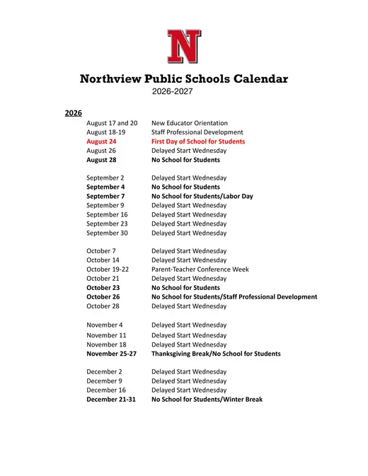Northview Public Schools 2026–2027 Academic Calendar Page 1