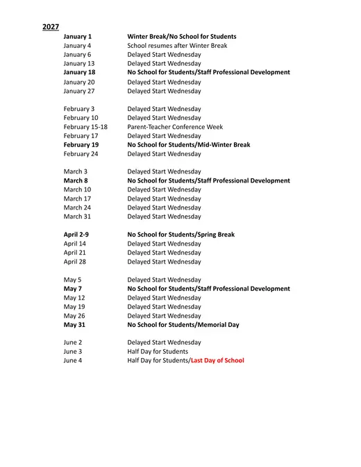Northview Public Schools 2026–2027 Academic Calendar Page 2