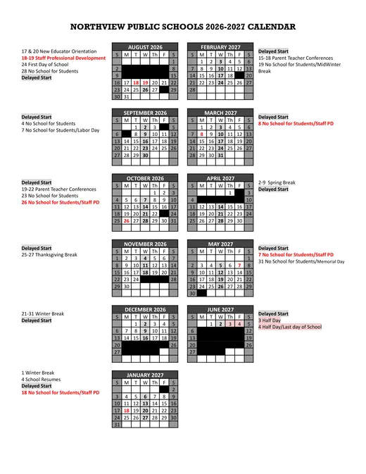 Northview Public Schools 2026–2027 Academic Calendar Page 3