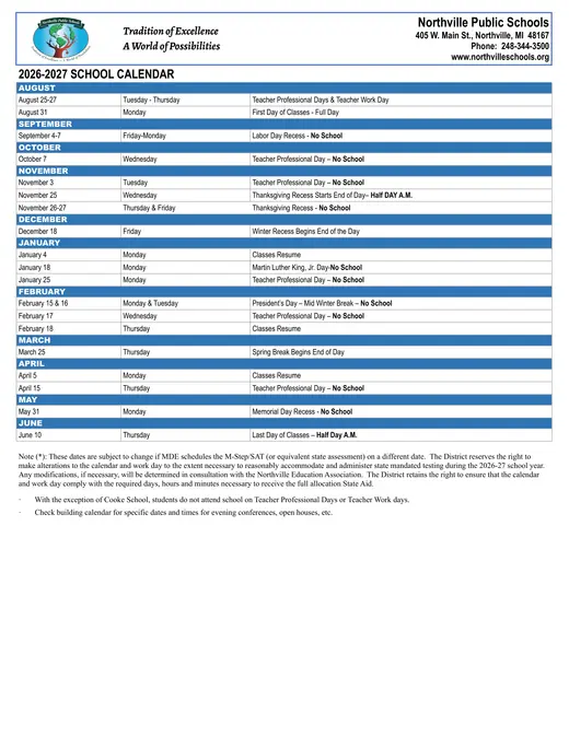 Northville Public Schools 2026–2027 Academic Calendar