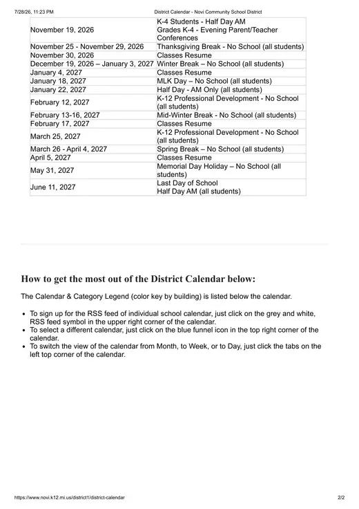 Novi Community School District 2026–2027 Academic Calendar Page 2
