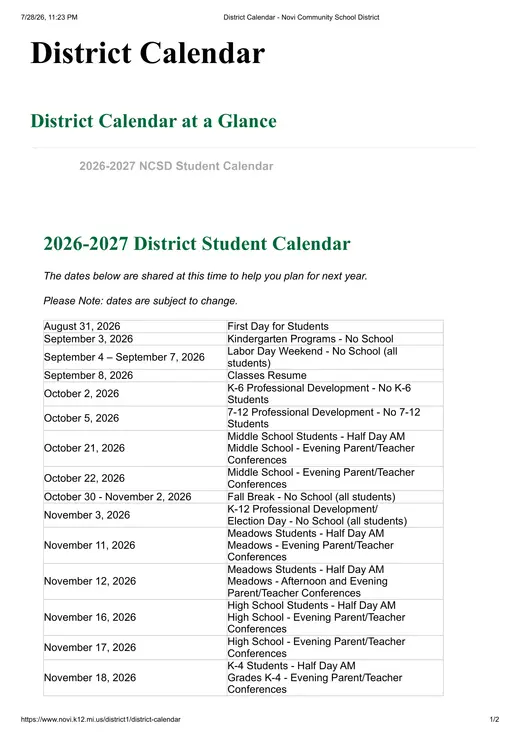 Novi Community School District 2026–2027 Academic Calendar Page 1