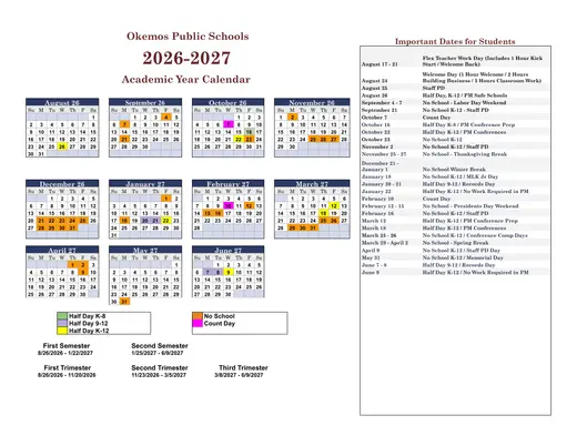 Okemos Public Schools 2026–2027 Academic Calendar Page 1