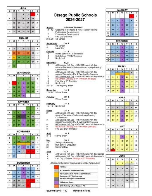 Otsego Public Schools 2026–2027 Academic Calendar Page 1