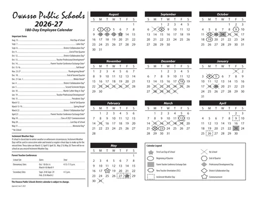 Owasso Public Schools 2026–2027 Academic Calendar Page 1