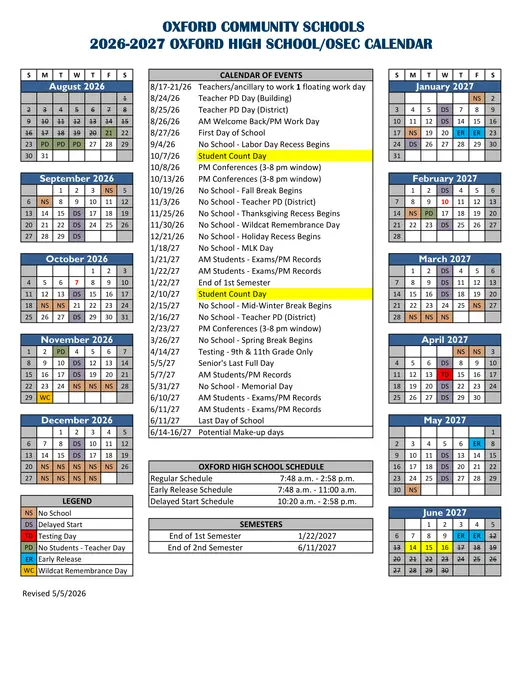 Oxford Community Schools 2026–2027 Academic Calendar Page 1