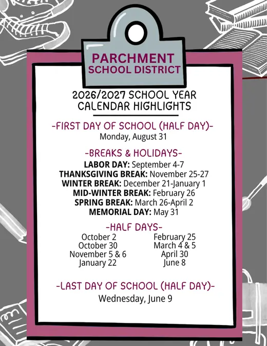 Parchment School District 2026–2027 Academic Calendar Page 1