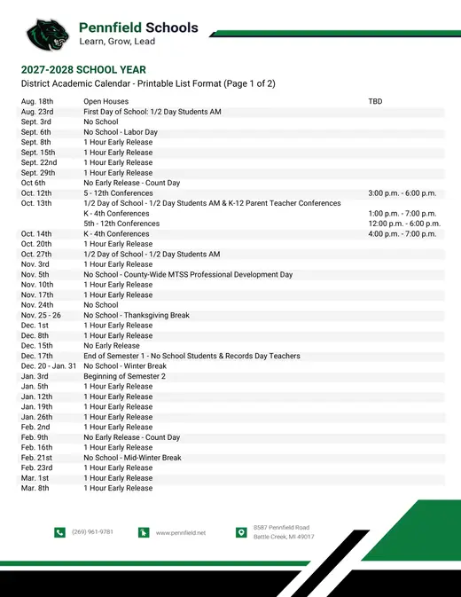 Pennfield Schools 2027–2028 Academic Calendar Page 1