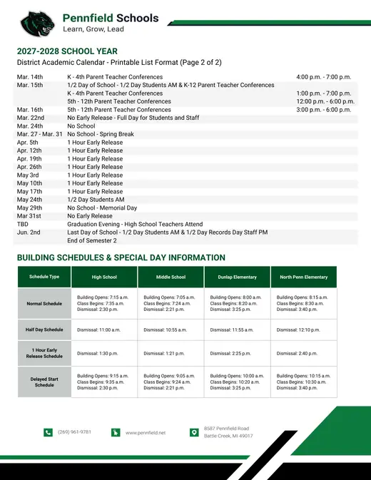Pennfield Schools 2027–2028 Academic Calendar Page 2