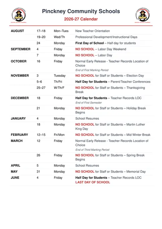 Pinckney Community Schools 2026–2027 Academic Calendar Page 1