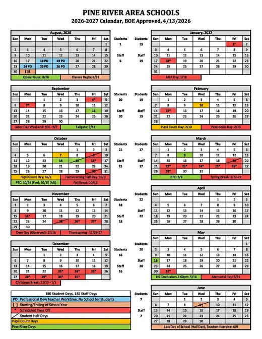 Pine River Area Schools 2026–2027 Academic Calendar Page 1