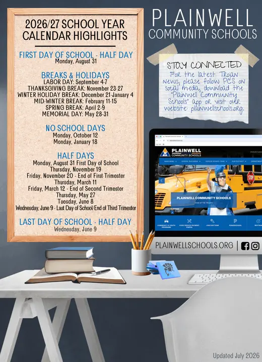 Plainwell Community Schools 2026–2027 Academic Calendar Page 1