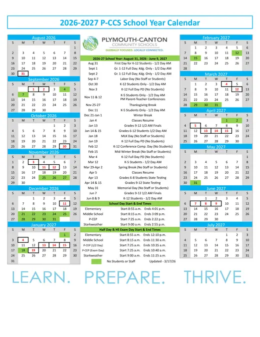 Plymouth-Canton Community Schools 2026–2027 Academic Calendar Page 1