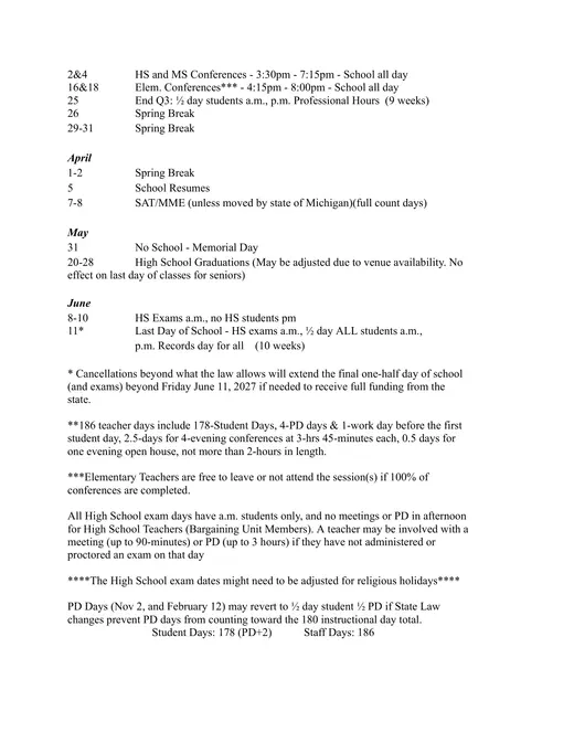 Portage Public Schools 2026–2027 Academic Calendar Page 2