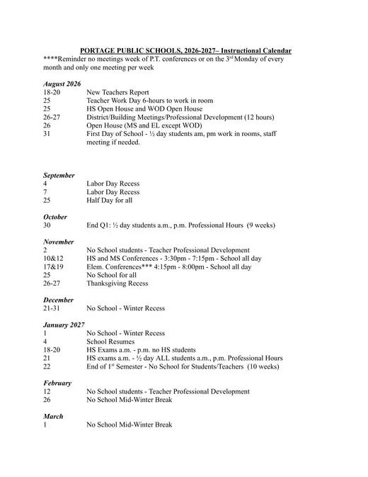 Portage Public Schools 2026–2027 Academic Calendar Page 1