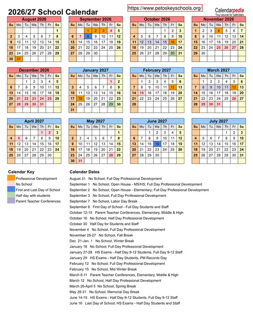 Public Schools of Petoskey 2026–2027 Academic Calendar Page 1