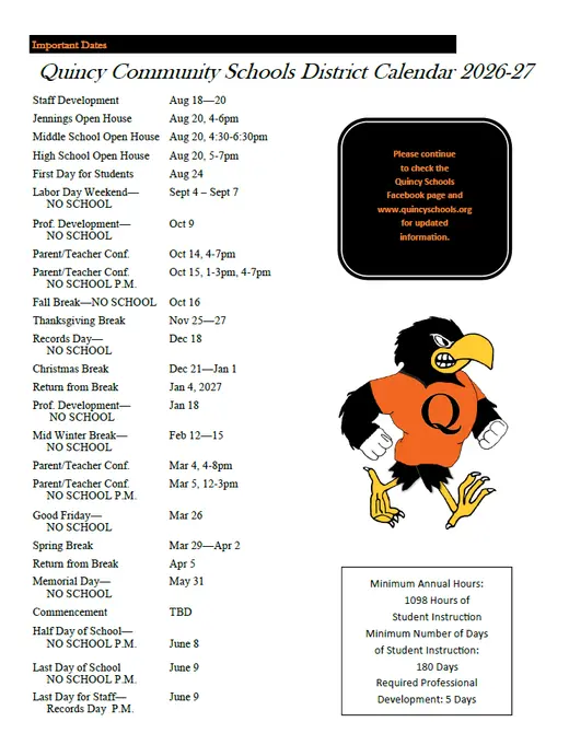 Quincy Community Schools District 2026–2027 Academic Calendar Page 2