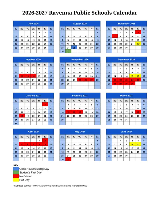 Ravenna Public Schools 2026–2027 Academic Calendar Page 1