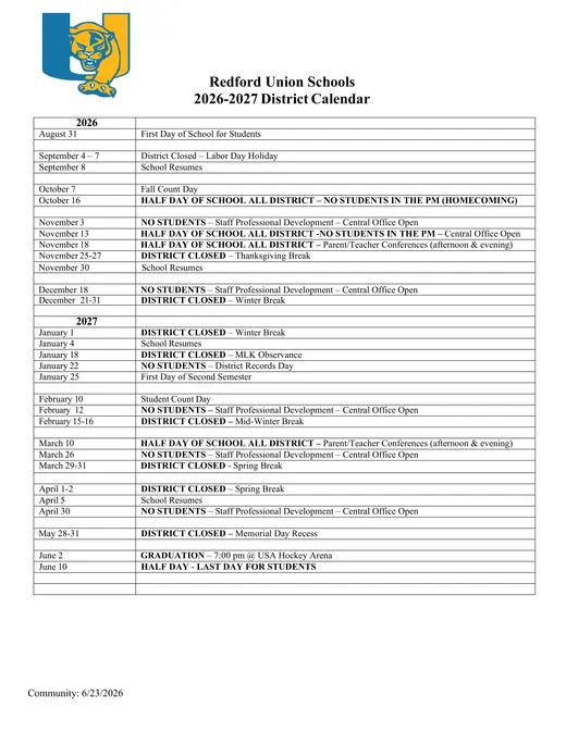 Redford Union Schools 2026–2027 Academic Calendar Page 1