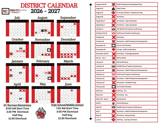 Reed City Schools 2026–2027 Academic Calendar Page 1