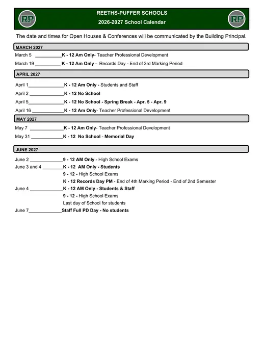 Reeths-Puffer Schools 2026–2027 Academic Calendar Page 2