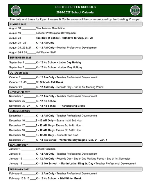 Reeths-Puffer Schools 2026–2027 Academic Calendar Page 1