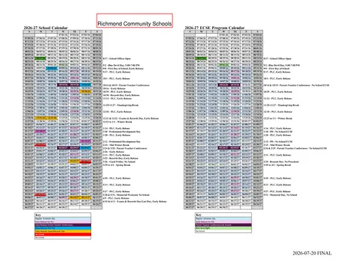 Richmond Community Schools 2026–2027 Academic Calendar Page 1