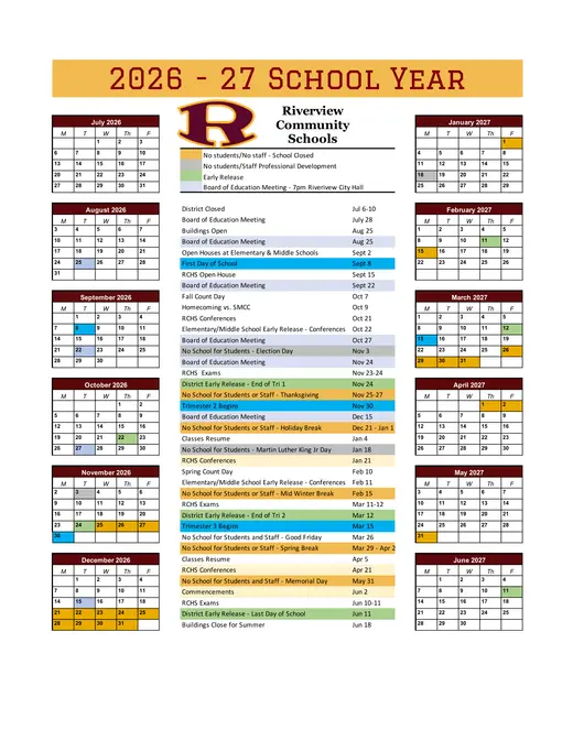 Riverview Community Schools 2026–2027 Academic Calendar Page 1